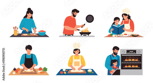 Collection of illustrations showing various people cooking meals, baking dough, and reading recipes in a home kitchen environment.