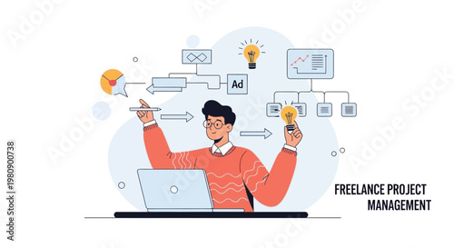 Freelance Project Management: Man with Laptop, Ideas, Workflow, and Analytics