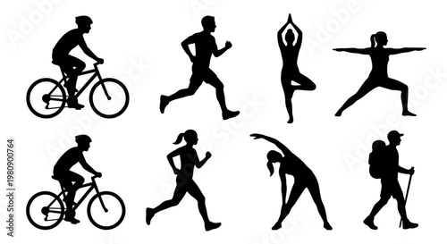 Silhouettes of people participating in various outdoor fitness activities
