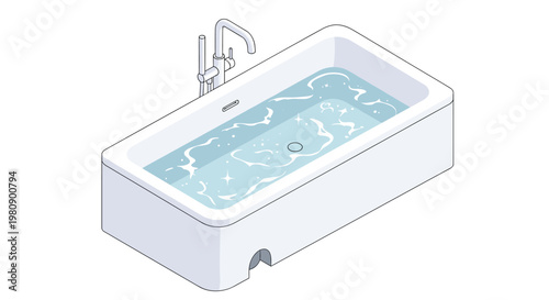 Modern white rectangular bathtub filled with clean blue water and featuring a contemporary chrome faucet in an isometric view.