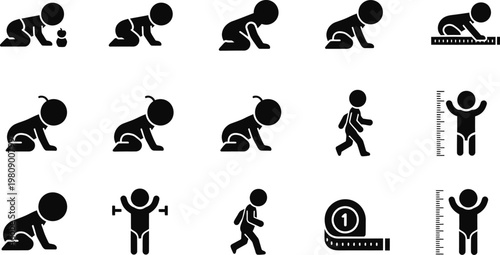 Infant developmental stages icon set crawling sitting standing and walking
