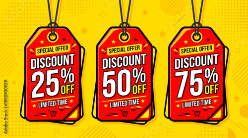 Red And Yellow Discount Tags Showing 25%, 50% And 75% Off Promotions For Retail Shopping, Advertising And Marketing Campaigns
