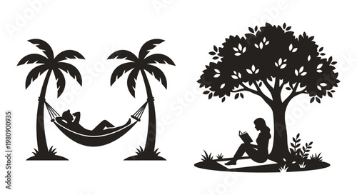 Relaxing silhouettes of people reading under palm trees and a large tree