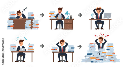 Series of illustrations showing a businessman overwhelmed by massive piles of paperwork and feeling highly stressed at his desk.