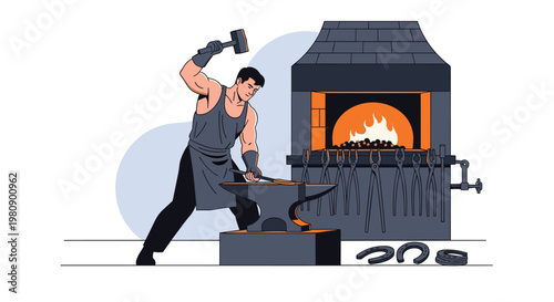 Strong blacksmith in a workshop hammering hot metal on an anvil with a glowing furnace and various tools in the background.