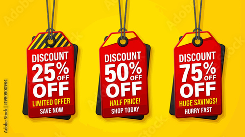 Red And Yellow Discount Tags Showing 25%, 50% And 75% Off Promotions For Retail Shopping, Advertising And Marketing Campaigns