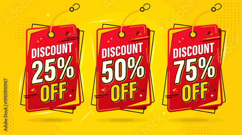Red And Yellow Discount Tags Showing 25%, 50% And 75% Off Promotions For Retail Shopping, Advertising And Marketing Campaigns