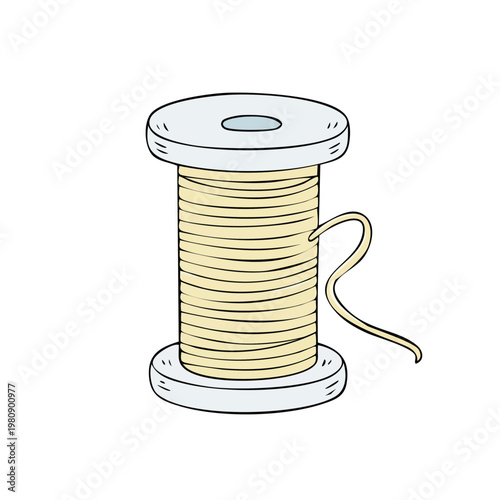 Hand drawn illustration of a spool of beige thread with a loose end