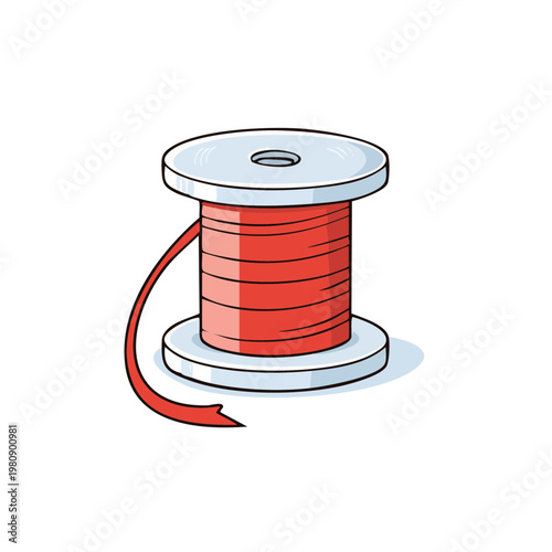 Red thread wound around a spool with a loose end unwinding for sewing crafts and tailoring supplies
