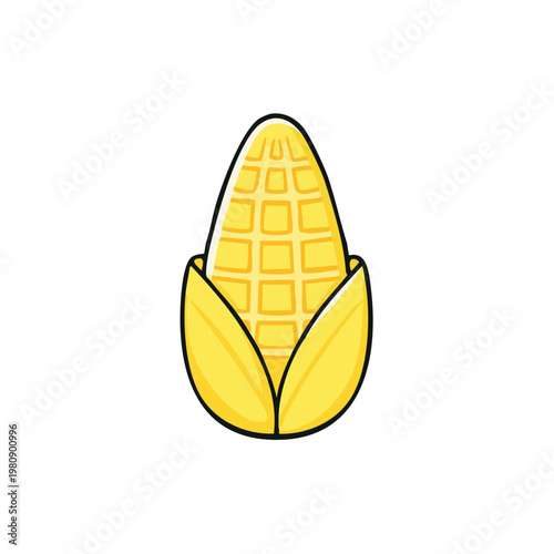 Simple Cartoon Corn Cob with Yellow Kernels and Green Leaves