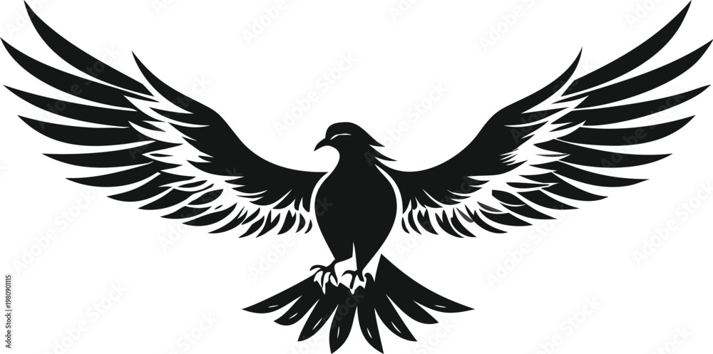 Fototapeta premium Black silhouette of a majestic bird with wings spread wide, symbolizing freedom and peace.