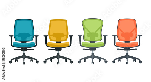 Four colorful office chairs arranged in a row on a white background