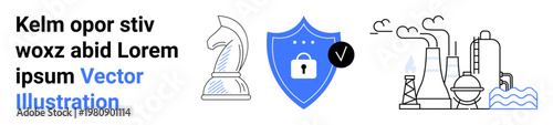 Strategic planning, digital security, industrial development, safety protocols, online data protection, manufacturing. Knight chess piece, shield with lock icon factory illustration. Strategy