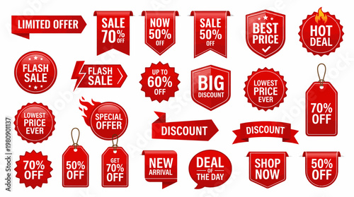 Red Promotional Sale Labels Featuring Discounts, Special Offers, Hot Deals, Best Price, Flash Sale And Retail Marketing Graphics