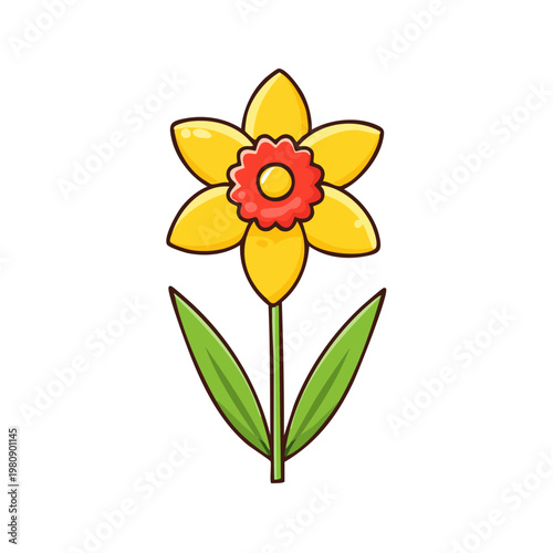 Bright Yellow Daffodil Flower with Green Leaves and Red Center Spring Blossom Illustration