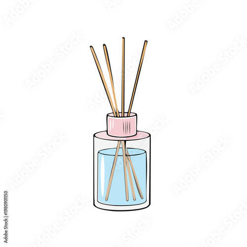 Glass bottle with light blue liquid and wooden diffuser sticks emitting aroma