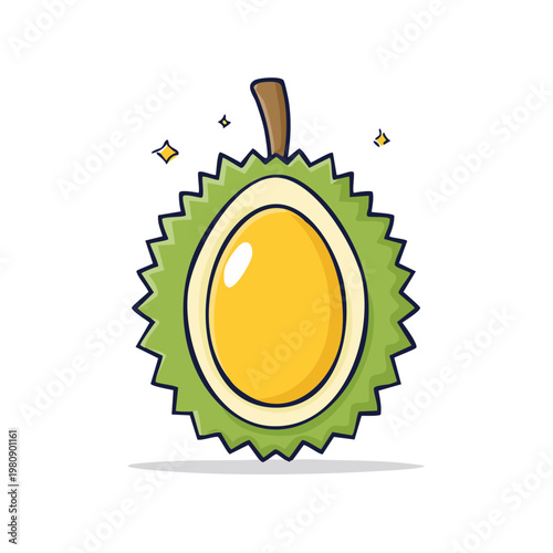 Vibrant cartoon durian fruit illustration with spiky green rind and creamy yellow flesh a tropical delight