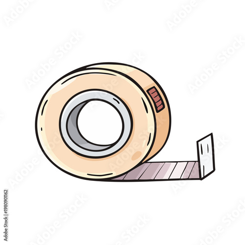 Hand drawn cartoon illustration of a roll of transparent adhesive tape with one end peeling off