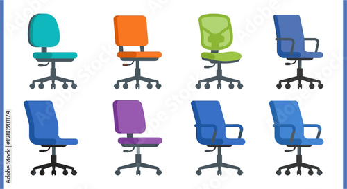 Colorful office chairs arranged in a grid on a white background