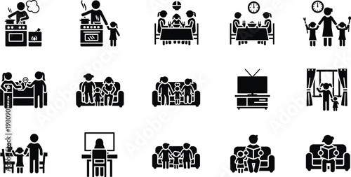 Black and white icons depicting various business and office scenarios