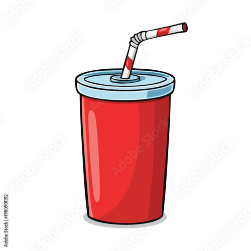 Red soda cup with striped straw and blue lid ready for drinking