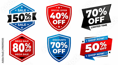 Colorful Sale Badges With Discount Percentages, Promotional Labels For Retail Marketing, Advertising Campaigns, Shopping Offers And Ecommerce Sales Events