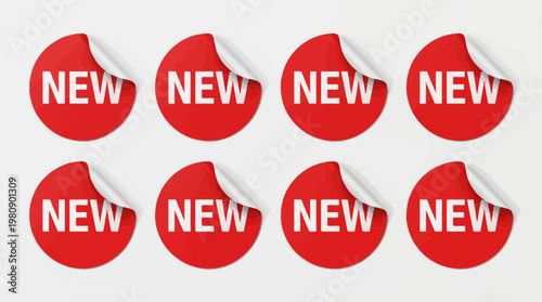 Red Circular NEW Stickers With Bold White Text, Marketing Labels For Product Launches, Retail Promotions, Advertising And Branding Campaigns