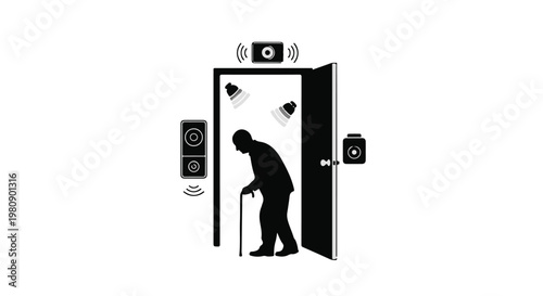 elderly man entering smart home with voice assistant