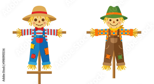Two colorful scarecrows stand facing forward in a cartoon style