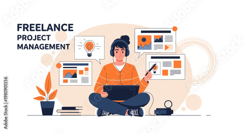 Freelance Project Management: Young designer working remotely with laptop and headphones