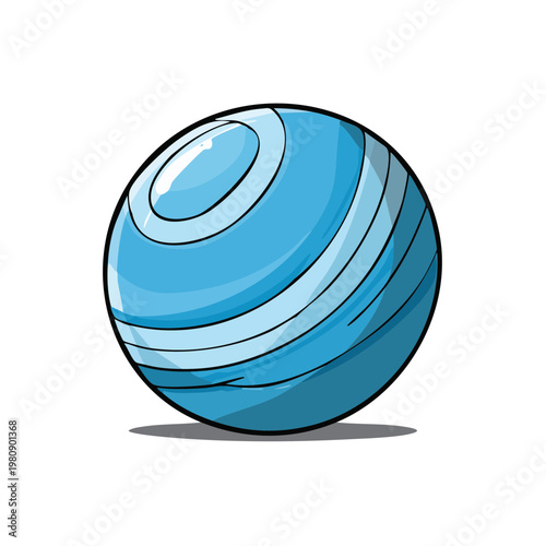 Stylized Blue Exercise Ball with Concentric Rings and Shadow on White Background
