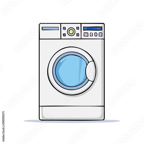 Modern white front loading washing machine with circular blue tinted door and digital display