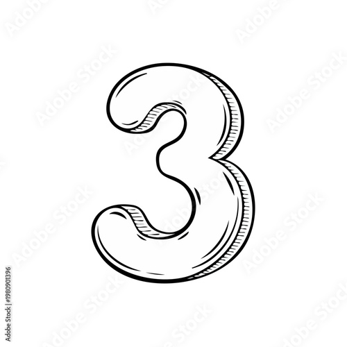 Stylized hand drawn number three icon with shaded outline and clean lines