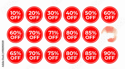 Red Circular Discount Labels Showing Multiple Percentages Off, Promotional Graphics For Retail Sales, Clearance Events, Shopping Offers And Marketing Campaigns