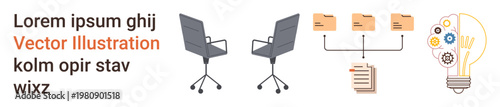 Business processes, teamwork, innovation, office management, workflow, organization. Two chairs, file folders linked documents lightbulb with icons. Business processes and teamwork concept