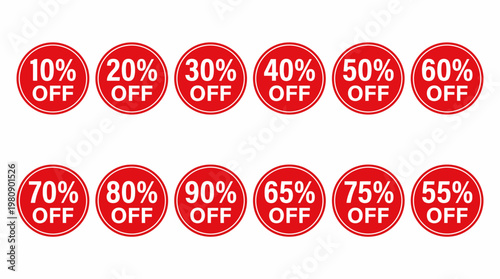 Red Circular Discount Labels Showing Multiple Percentages Off, Promotional Graphics For Retail Sales, Clearance Events, Shopping Offers And Marketing Campaigns