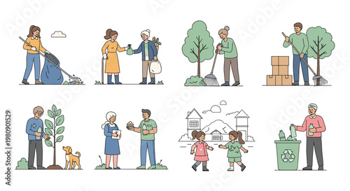Various illustrations of people participating in community services like planting trees, cleaning parks, and recycling to protect the environment.