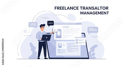 Freelance Translator Management Concept - Man Working on Laptop with Digital Interface