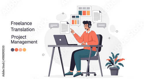 Freelance translator managing projects on laptop, remote work concept