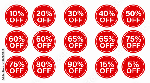 Red Circular Discount Labels Showing Multiple Percentages Off, Promotional Graphics For Retail Sales, Clearance Events, Shopping Offers And Marketing Campaigns