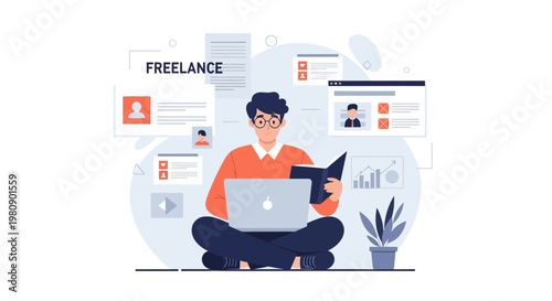 Freelance worker with laptop and book, remote work concept, digital nomad lifestyle