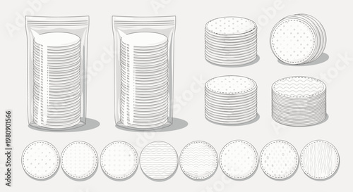 Assorted cotton pads in various packaging and textures used for skin care, makeup removal, and personal hygiene.