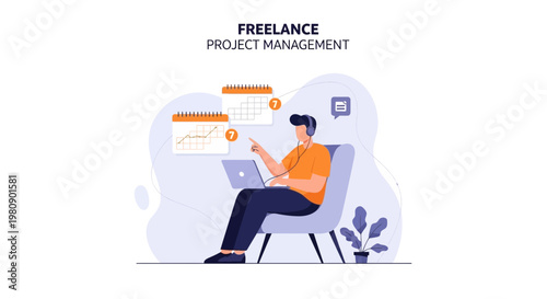 Freelancer managing projects on laptop with calendars and chat icon