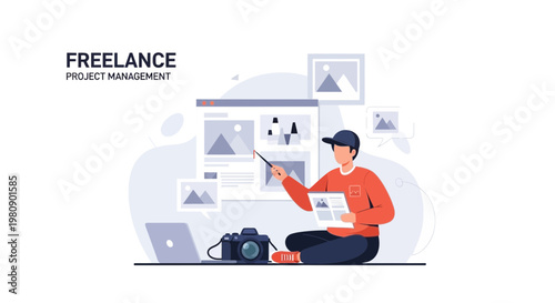 Freelancer managing projects with laptop, camera, and digital presentation