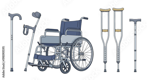 Collection of medical mobility aids including a wheelchair, crutches, and walking canes for patients with physical disabilities.