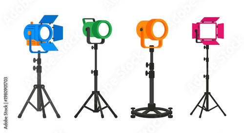 Four colorful studio spotlights on stands a vector illustration