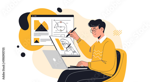 Graphic designer working on digital art with laptop and tablet, creative process