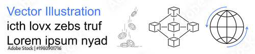 Cryptocurrency, global finance, blockchain systems, digital transactions, technological innovation, decentralized networks. Coins falling, blockchain blocks globe with arrows. Blockchain systems