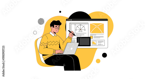 Graphic designer working on laptop and tablet, creating digital art and web design