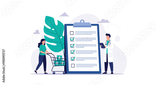 Healthcare concept illustration with a woman pushing a shopping cart full of medicine and a doctor holding a medical checklist.